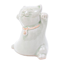 Load image into Gallery viewer, Cat Shaped Celadon Ceramic Figurine Handmade in Thailand - Lucky and Playful | NOVICA