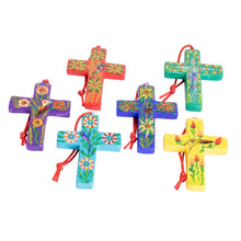 Load image into Gallery viewer, Handmade Ceramic Cross Christmas Ornaments Set of 6 - Floral Crosses | NOVICA