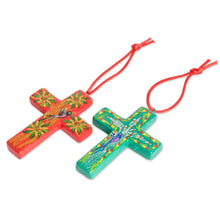 Load image into Gallery viewer, Handmade Ceramic Cross Christmas Ornaments Set of 6 - Floral Crosses | NOVICA