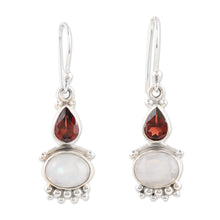 Load image into Gallery viewer, Rainbow Moonstone & Garnet Sterling Silver Dangle Earrings - Dual Love | NOVICA