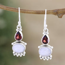 Load image into Gallery viewer, Rainbow Moonstone & Garnet Sterling Silver Dangle Earrings - Dual Love | NOVICA