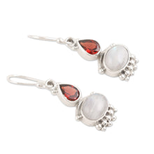 Load image into Gallery viewer, Rainbow Moonstone & Garnet Sterling Silver Dangle Earrings - Dual Love | NOVICA