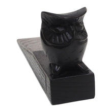 Load image into Gallery viewer, Jempinis Wood Door Stop with Little Black Owl - Mysterious Black Owl | NOVICA