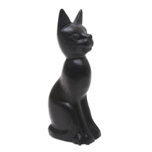 Load image into Gallery viewer, Black Cat Sculpture Hand-Carved from Jempinis Wood in Bali - Cunning Black Cat | NOVICA