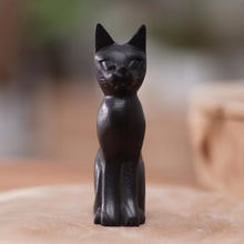 Load image into Gallery viewer, Black Cat Sculpture Hand-Carved from Jempinis Wood in Bali - Cunning Black Cat | NOVICA