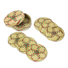 Load image into Gallery viewer, Set of 6 Green and Red Natural Fiber Coasters from Mexico - Green Eco | NOVICA