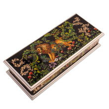 Load image into Gallery viewer, Leafy Reverse-Painted Glass Decorative Box with Lion Theme - Courageous King | NOVICA