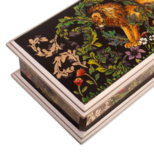 Load image into Gallery viewer, Leafy Reverse-Painted Glass Decorative Box with Lion Theme - Courageous King | NOVICA