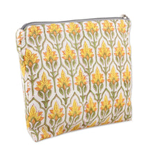 Load image into Gallery viewer, Cotton Cosmetic Bag with Hand-Block Printed Flowers & Leaves - Glorious Buttercup | NOVICA