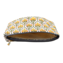 Load image into Gallery viewer, Cotton Cosmetic Bag with Hand-Block Printed Flowers & Leaves - Glorious Buttercup | NOVICA