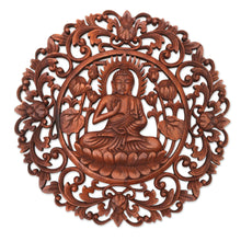 Load image into Gallery viewer, Brown Suar Wood Leafy Relief Panel of Sage Buddha - Vitarka Sage | NOVICA
