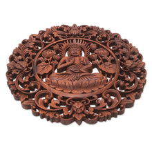 Load image into Gallery viewer, Brown Suar Wood Leafy Relief Panel of Sage Buddha - Vitarka Sage | NOVICA