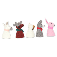 Load image into Gallery viewer, 5 Wool Felt Farm Animal Bottle Toppers Handmade in India - Barnyard Holiday | NOVICA