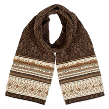 Load image into Gallery viewer, Brown and Ivory 100% Alpaca Scarf with Floral Motifs - Autumn Charm | NOVICA