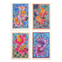 Load image into Gallery viewer, Set of 4 Batik Cotton and Paper Orchid Greeting Cards - Intense Orchids | NOVICA