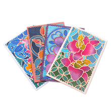Load image into Gallery viewer, Set of 4 Batik Cotton and Paper Orchid Greeting Cards - Intense Orchids | NOVICA