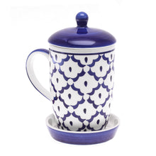 Load image into Gallery viewer, Blue Pineapple Ceramic Mug and Saucer Set with Lid - Proud Pineapple | NOVICA