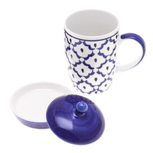 Load image into Gallery viewer, Blue Pineapple Ceramic Mug and Saucer Set with Lid - Proud Pineapple | NOVICA