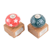 Load image into Gallery viewer, Ceramic and Brass Stamps Crafted from Mango Wood (Set of 2) - Warm Greetings | NOVICA