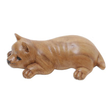 Load image into Gallery viewer, Wood Figurine of Resting Kitten Hand-Carved in Bali - Lazy Kitten | NOVICA