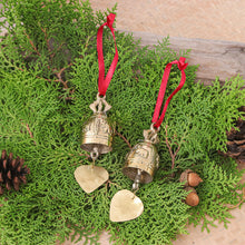Load image into Gallery viewer, Pair of Brass Bell Ornaments with Elephants and Red Ribbons - Elephant Tune | NOVICA