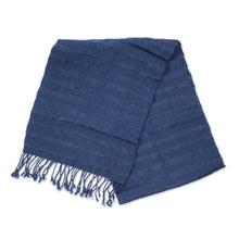 Load image into Gallery viewer, Blue Cotton Scarf with Braided Fringes Handloomed in Mexico - Blue Catwalks | NOVICA