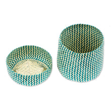 Load image into Gallery viewer, Green Basket with Lid Hand-Woven from Palm Fiber in Mexico - Tiger in Green | NOVICA