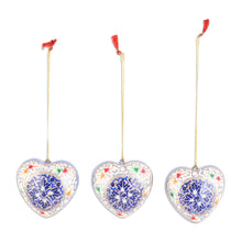 Load image into Gallery viewer, Set of 3 Papier Mache Heart Ornaments Hand-Painted in India - Blue Romance | NOVICA