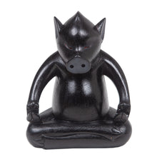 Load image into Gallery viewer, Handmade Black Suar Wood Pig Statuette from Bali - Gentle Master at Night | NOVICA