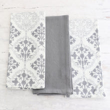 Load image into Gallery viewer, Set of Three Printed Cotton Dish Towels in Grey and White - Noble Damask | NOVICA
