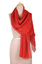 Load image into Gallery viewer, Strawberry Linen Shawl Embellished with Acrylic Beads - Strawberry Sparks | NOVICA