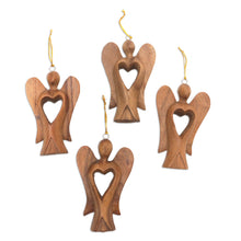 Load image into Gallery viewer, Set of 4 Hand-Carved Suar Wood Fairy Ornaments with Hearts - Fairy Hearts | NOVICA