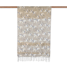 Load image into Gallery viewer, Grey Fringed Silk Shawl with Screen-Printed Sparrow Motifs - Fantasy Flight | NOVICA