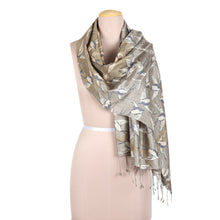 Load image into Gallery viewer, Grey Fringed Silk Shawl with Screen-Printed Sparrow Motifs - Fantasy Flight | NOVICA