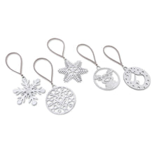 Load image into Gallery viewer, Set of 5 Handmade Silver-Toned Holiday Ornaments - Merry Eve | NOVICA