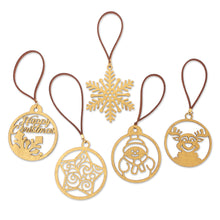 Load image into Gallery viewer, Handmade Christmas Gold-Toned Cardboard Ornaments (Set of 5) - Christmas Emotions | NOVICA