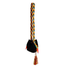 Load image into Gallery viewer, Black Crocheted Sling Bag with Multicolored Accents - Wayuu Glam | NOVICA