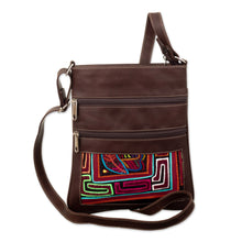 Load image into Gallery viewer, Brown Leather Sling with Mola Textile and Adjustable Strap - Brown Forest | NOVICA