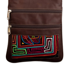 Load image into Gallery viewer, Brown Leather Sling with Mola Textile and Adjustable Strap - Brown Forest | NOVICA