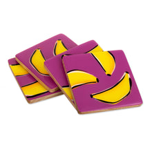 Load image into Gallery viewer, 4 Banana-Themed Wood Coasters Hand-Painted in Colombia - Happy Bananas | NOVICA