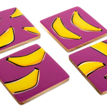 Load image into Gallery viewer, 4 Banana-Themed Wood Coasters Hand-Painted in Colombia - Happy Bananas | NOVICA