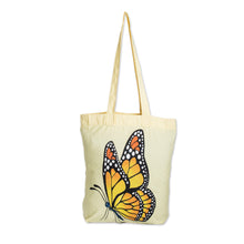 Load image into Gallery viewer, Hand-Painted Butterfly-Themed Polyester Tote Bag in Yellow - Spring Wings | NOVICA