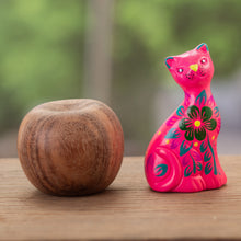Load image into Gallery viewer, Hand-Painted Pink Ceramic Cat Figurine with Floral Motif - Sweet Cat in Pink | NOVICA