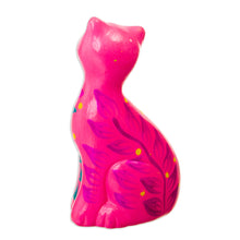 Load image into Gallery viewer, Hand-Painted Pink Ceramic Cat Figurine with Floral Motif - Sweet Cat in Pink | NOVICA