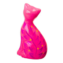 Load image into Gallery viewer, Hand-Painted Pink Ceramic Cat Figurine with Floral Motif - Sweet Cat in Pink | NOVICA