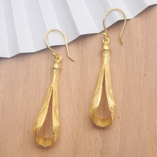 Load image into Gallery viewer, Modern 18k Gold-Plated Brass Dangle Earrings Crafted in Bali - Ligneous Glamour | NOVICA