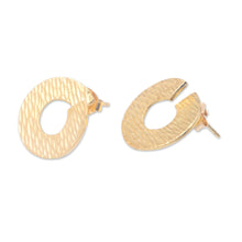 Load image into Gallery viewer, Round Hammered 18k Gold-Plated Brass Button Earrings - Golden Donut Dame | NOVICA