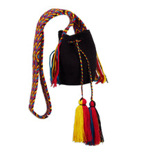 Load image into Gallery viewer, Crocheted Sling Bag in Black with Tassels from Colombia - Wayuu Charm | NOVICA