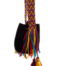 Load image into Gallery viewer, Crocheted Sling Bag in Black with Tassels from Colombia - Wayuu Charm | NOVICA