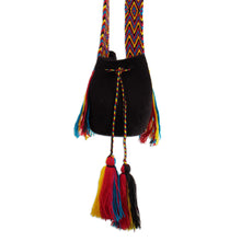 Load image into Gallery viewer, Crocheted Sling Bag in Black with Tassels from Colombia - Wayuu Charm | NOVICA